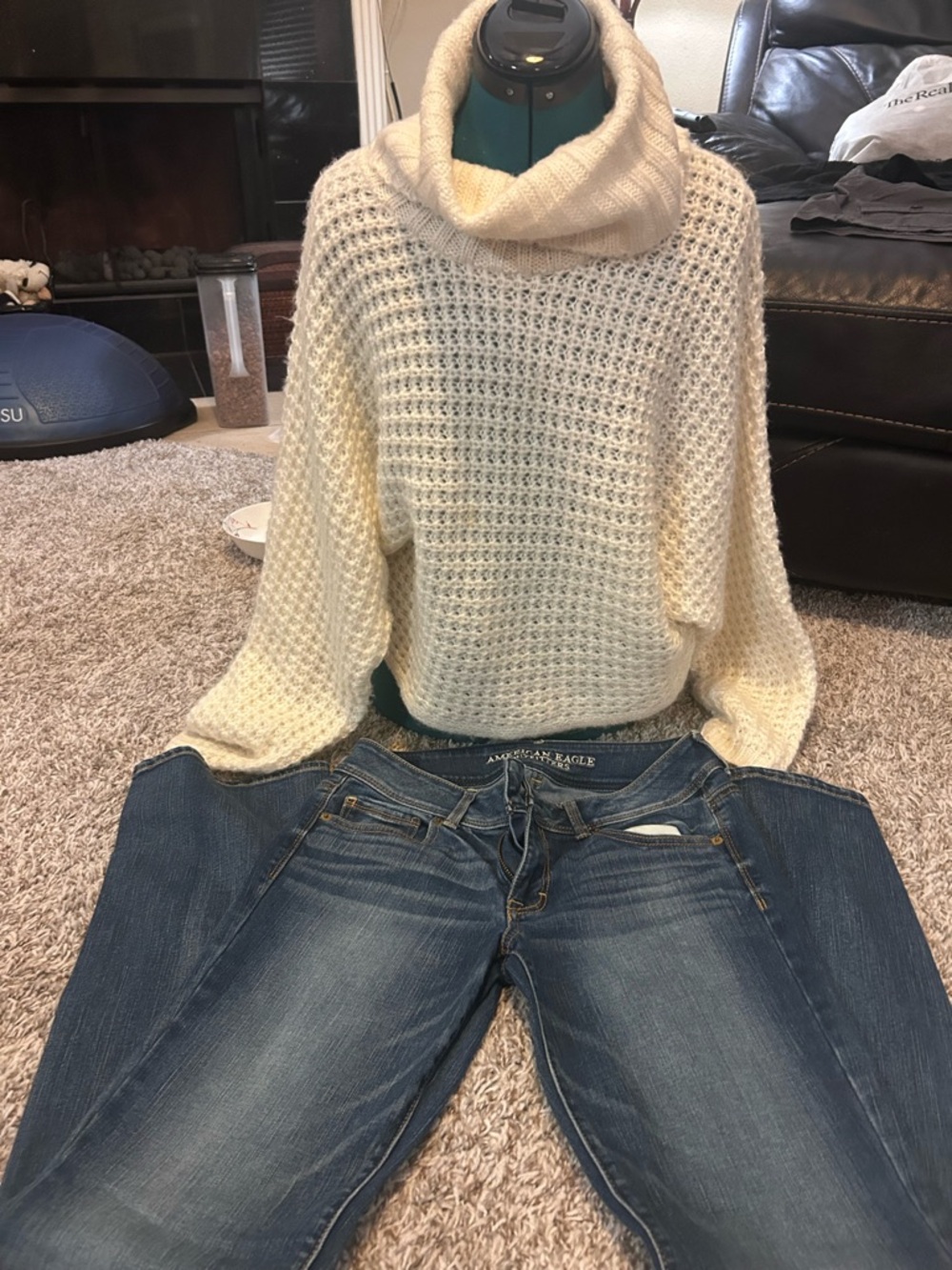 Cream Cowl Neck Waffle Knit Sweater